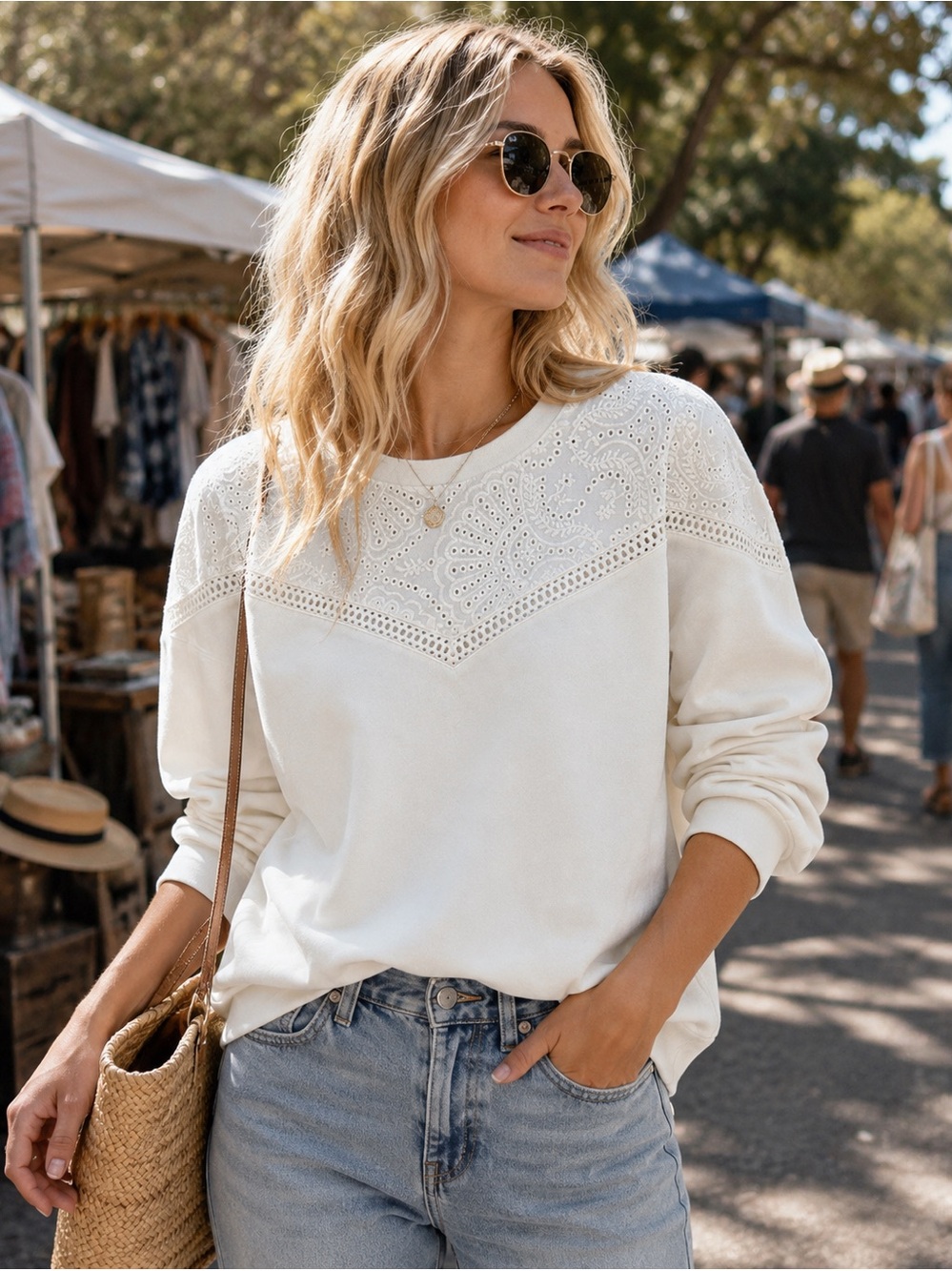 Everleigh White Cotton Crew Neck Eyelet Top-SMALL